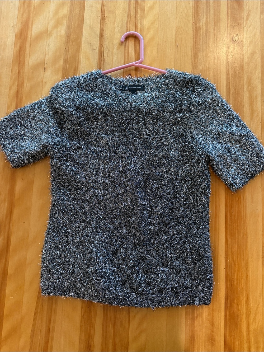 INC International Concepts Metallic Silver Fuzzy Knit Short-Sleeve Sweater